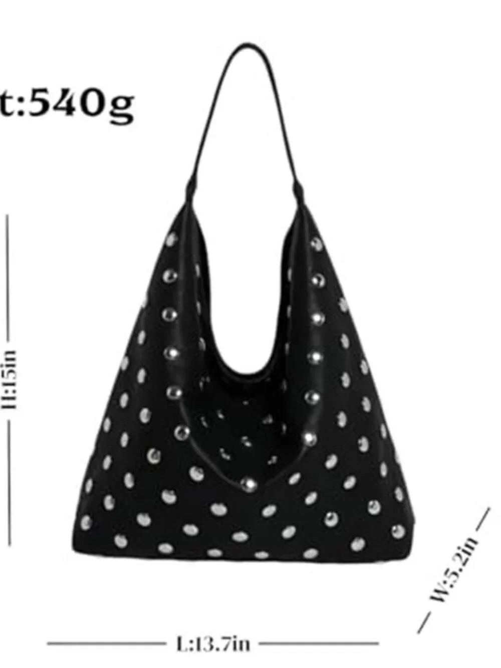 Black Studded Vegan Leather Hobo Bag Y2K Slouchy Punk Shoulder Purse